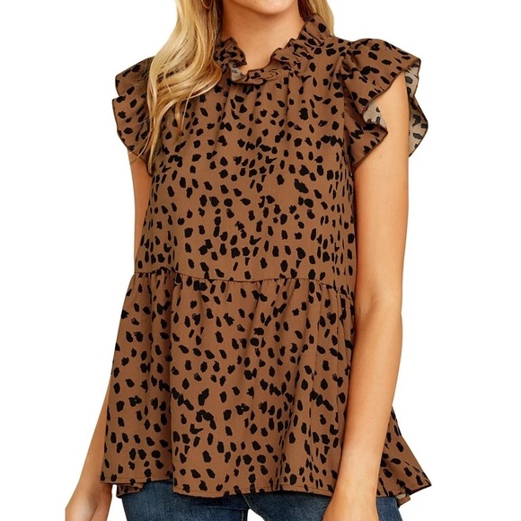 angashion Tops - Ruffled Sleeve Polka Dot Animal Print Pleated Shirt